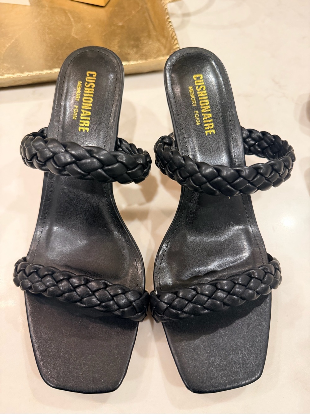 Cushionaire Black Braided Strap High Heel Slide Sandals